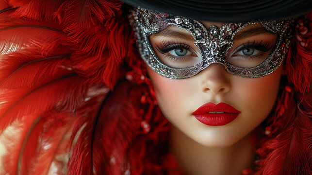&Agrave; Venise, une femme en costume de carnaval, avec un masque noir et des l&egrave;vres rouges, incarne la beaut&eacute; et le myst&egrave;re dans un glamour fantastique.