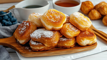 Traditional French food Beignets, small fried pastries dusted with powdered sugar, displayed on a wooden board with a bowl of blueberries and sauces in the background.
