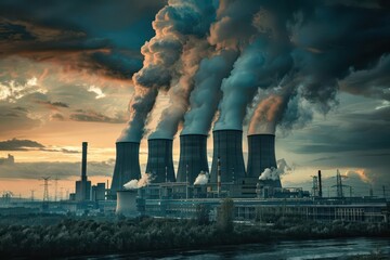 imposing industrial complex with sleek metallic structures steam rising from cooling towers and a network of elevated pipelines against a dramatic sky