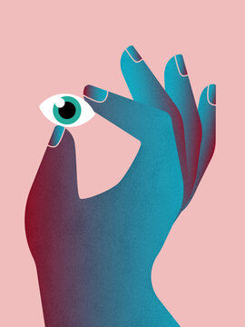Hand of person holding eye on light background