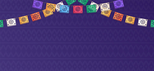 Banner with 3d realistic papel picado, a traditional Mexican decorative craft made of paper cut into intricate designs. Buntings, garlands on purple background with hispanic pattern and copy space