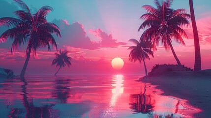 A beautiful tropical sunset over a calm sea, with palm trees framing the serene beach and colorful sky. Perfect for vacation themes.