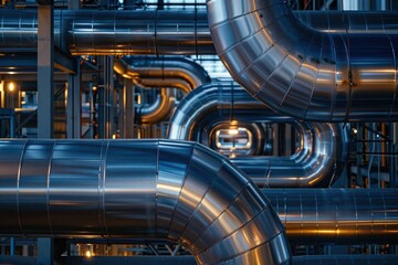 Obraz premium industrial maze of gleaming pipelines at oil refinery plant closeup view highlighting complex engineering and energy production processes