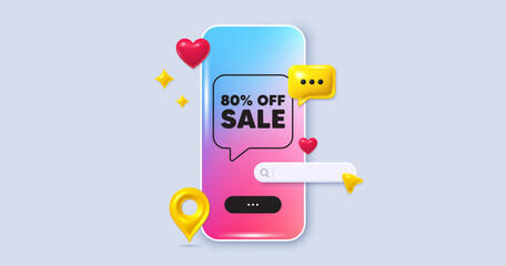 Fototapeta premium Sale 80 percent off discount. Social media phone app banner. Promotion price offer sign. Retail badge symbol. Social media search bar, like, chat 3d icons. Sale message. Vector