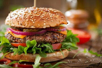 Homemade hamburger with beef, tomato and onion on wooden background