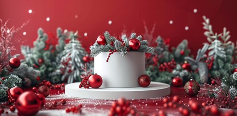 Christmas-themed white podium with festive decorations and Christmas trees on red background