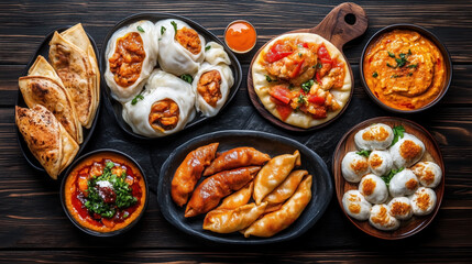 Traditional Mongolian food Buuz. Steamed dumplings filled with seasoned meat, served alongside other dumplings, flatbreads, and sauces.