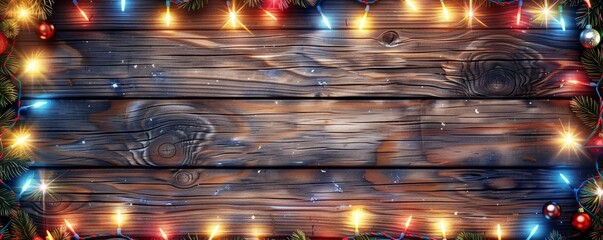 Colorful Christmas lights and red ornaments on wooden background, festive holiday decor
