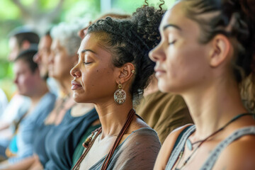 Finding Inner Peace: A diverse group of people meditate together, eyes closed, in a serene outdoor setting, conveying a sense of tranquility, mindfulness, and shared connection.  