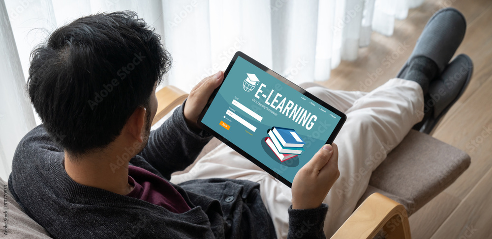Poster e-learning website with modish sofware for student to study online on the internet network
