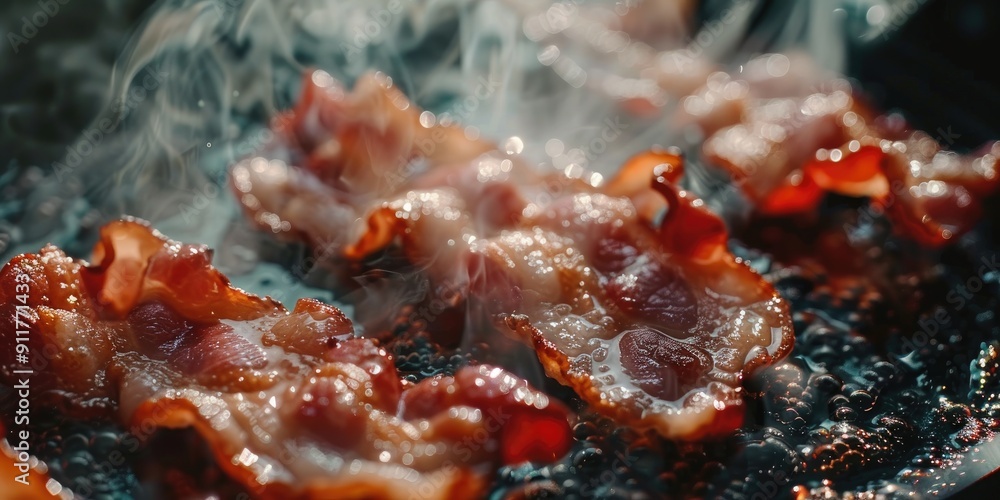 Poster close up of bacon slices sizzling in a pan