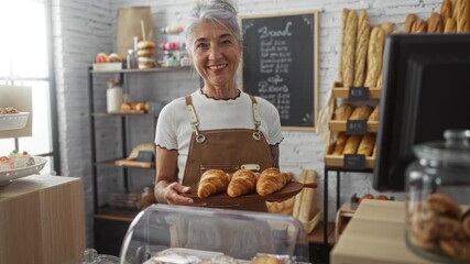Woman smiling holding fresh croissants inside bakery shop with assorted breads in background, showcasing interior decor and bakery products