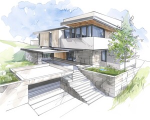 Modern Architectural Sketch: A captivating watercolor rendering depicts a contemporary home with clean lines, large windows, and a sleek, minimalist design. The sketch showcases the home's integration