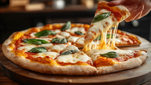 Traditional Italian food Margherita Pizza featuring a thin crust topped with tomato sauce, melted mozzarella cheese, and fresh basil leaves.