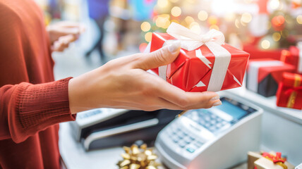 Ein rot verpacktes Weihnachtsgeschenk wird von einer Hand gehalten, das per Debitkarte bezahlt werden soll, Weihnachtsgesch&auml;ft, Querformat