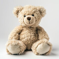 Obraz premium Cuddly Beige Teddy Bear: A soft and fluffy beige teddy bear, sitting on a white background, perfect for representing childhood innocence, comfort, and love