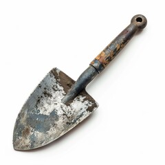Weathered Hand Trowel: A rustic and weathered hand trowel, its metal blade and wooden handle bearing the marks of time and use, rests on a stark white backdrop