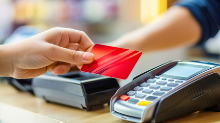 Eine Person bezahlt bargeldlos und kontaktlos in einem Geschäft mit der Debitkarte an einem Kartenterminal, Querformat