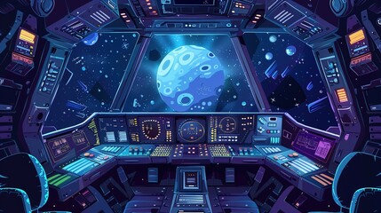 Fototapeta premium Сartoon background rocket inside. Spaceship cockpit interior with space. Background for cartoon and games. Rocket cockpit with control panel. illustration 