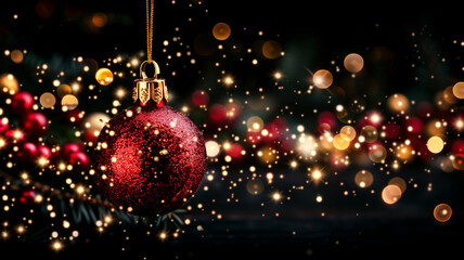 Weihnachtliches Banner mit einer roten, isoliert h&auml;ngenden Christbaumkugel vor schwarzem Hintergrund, dekorative Lichtpunkte dahinter, Querformat