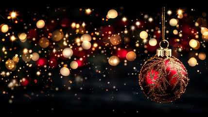 Eine rote Weihnachtsbaumkugel mit goldenen Ornamenten h&auml;ngt isoliert vor schwarzem Hintergrund, goldene und rote Lichtpunkte tanzen dahinter, Querformat