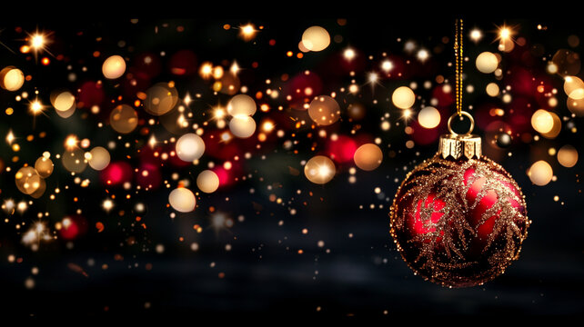 Eine rote Weihnachtsbaumkugel mit goldenen Ornamenten h&auml;ngt isoliert vor schwarzem Hintergrund, goldene und rote Lichtpunkte tanzen dahinter, Querformat