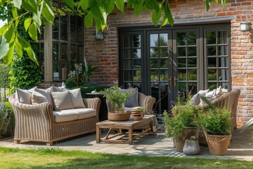 inviting garden lounge with stylish outdoor furniture against countryside cottage backdrop elegant patio decor creating cozy rustic ambiance for relaxation and entertainment