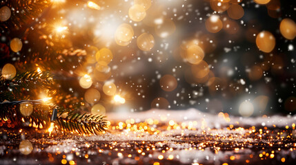 Naklejka premium Eine winterliche Straße mit geschmückten Tannenzweigen am linken Bildrand, LED-Lichter funkeln, weihnachtliche Szene bei Sonnenaufgang, Querformat