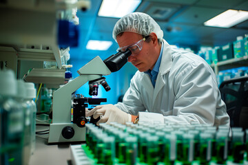 A PhD scientist analyzing a sample under a microscope in a biology and chemistry laboratory.