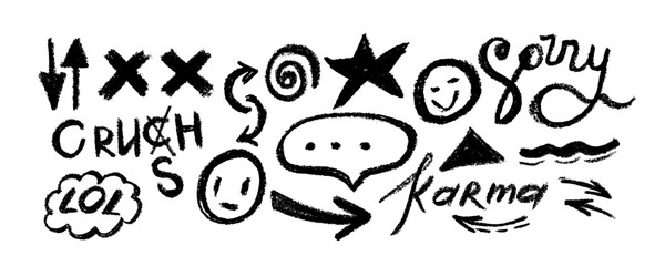 Colorful charcoal pencil scribble vector set, crayon doodles. Childish drawing, scribble and freehand shapes. Doodle style sketchy lines, forms and icons.