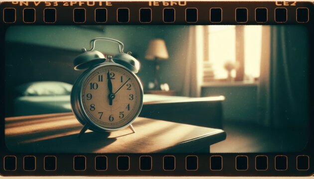 A retro alarm clock sits on a bedside table, bathed in the soft glow of morning light, vintage film style