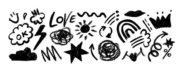 Collection of hand drawn charcoal doodle shapes and squiggles in childish girly style. Pencil drawings isolated on white. Crown, stars, speech bubble, heart and rainbow doodle collage elements.