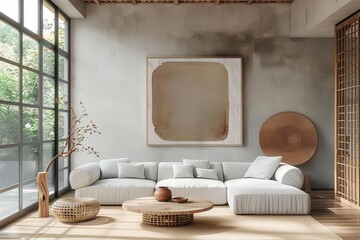 Fototapeta premium japandi fusion living space minimalist room with muted blue and white palette sleek sofa rattan accents abstract wall art large windows natural light zen atmosphere