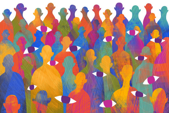 Rainbow Color Crowd With Floating Eyes