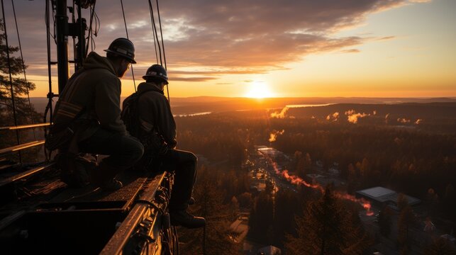 Tireless service: men working on electricity pole, experienced workers addressing breakdown in the electricity supply, ensuring restoration of power, labour day with dedication and expertise.