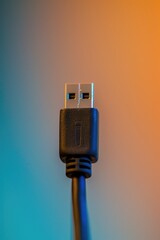 A close-up shot of a USB cable with a blurry background, perfect for use in technology-related designs or illustrations
