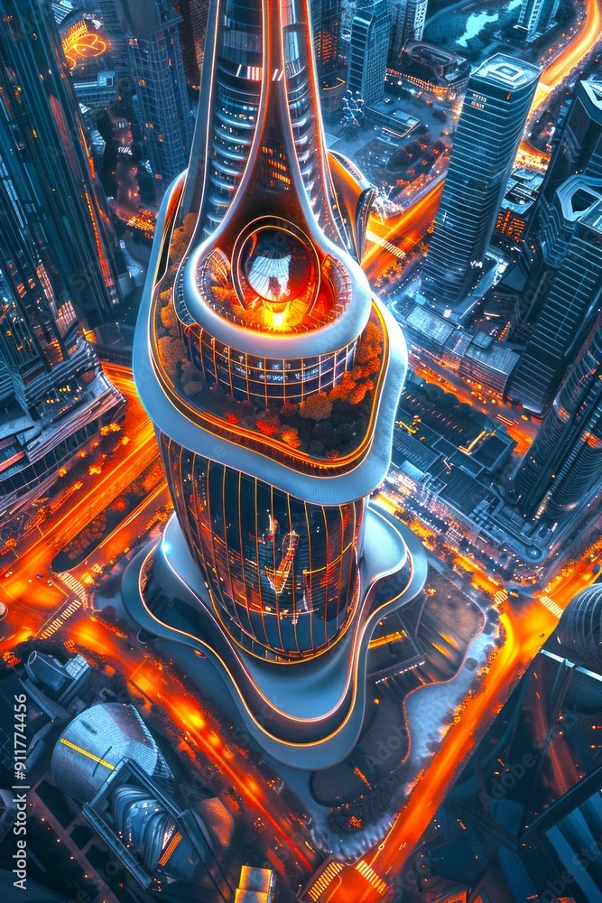 Poster futuristic skyscraper in a vibrant cityscape, illuminated by glowing lights. modern architecture sta