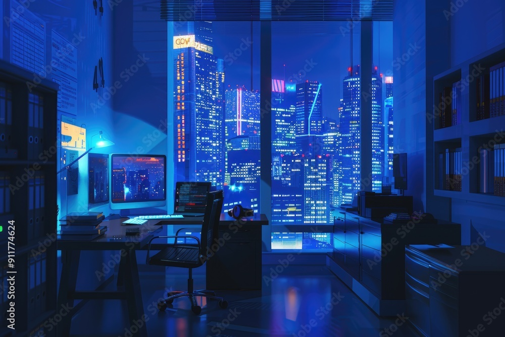 Poster a computer desk with a monitor and keyboard, situated in front of a window with natural light