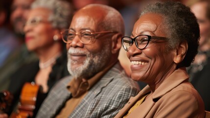 A couple smiles happily while attending a live music event, surrounded by a warm audience atmosphere