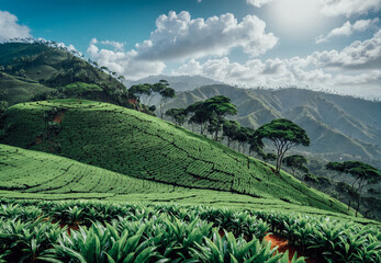 Aerial view of slopes with famous tea plantations in Sri Lanka. Ceylon.