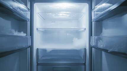 The refrigerator's empty freezer shows the accumulation of ice within the freezer walls.