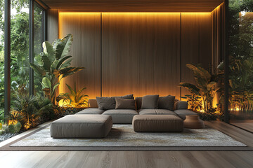 Modern living room mockup with a sofa, wooden walls, tropical plants, and landscape, warm sunset light, cinematic romantic lighting.