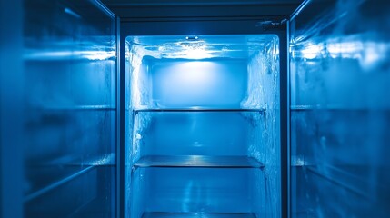 The refrigerator's empty freezer shows the accumulation of ice within the freezer walls.