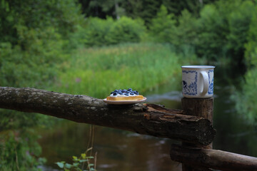 mug of coffee and plate of waffle on a camp overlooking a river, camp breakfast, camping in lithuania, summer outdoor activities