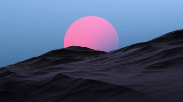 Red-pink planet on the horizon of a mountainous, rocky area at night. Sci-Fi landscape, sci-fi landscape planet at dusk,animation.3D render