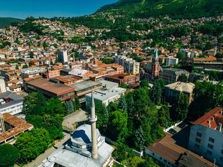 Fototapeta premium Aerial view of Sarajevo city at sunset in Bosnia and Herzegovina.
