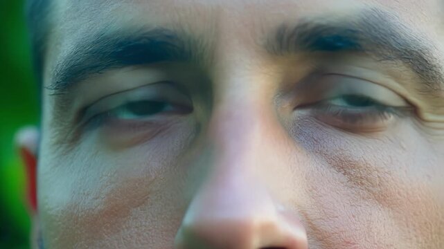 Closeup of a viticulturists eyes squinting and analyzing the color and texture of a grape before tasting it.