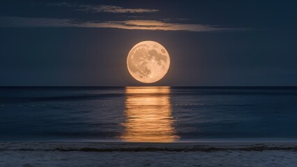 A full moon rising over the ocean with a beach in view, AI