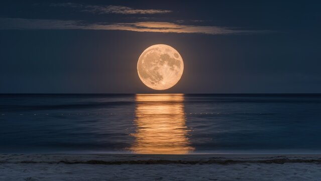 A full moon rising over the ocean with a beach in view, AI