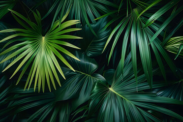 closeup nature view of green leaf and palms background. Flat lay, dark nature concept, tropical leaf